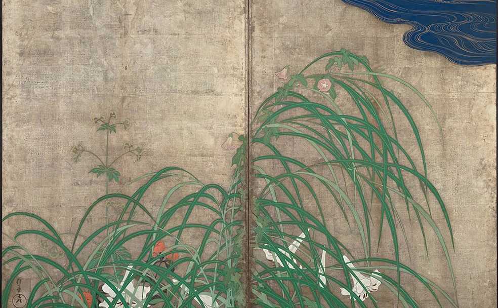 Сакаи Хоицу. Летние и осенние травы (фрагмент). Пара двухстворчатых ширм. Бумага, краски, сусальное золото. Токийский национальный музей. Особо ценный объект культуры